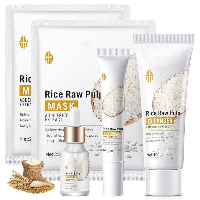 Rice Skin Care Sets, 5Pcs Face Care Set for Women, Moisturize Skin, Smooth Wrinkles & Fine Lines, Improve Skin, Hydrating Skin Care Routine Set with Rice Extract Face Serum, Mask, Cleanser, Eye Cream-VivaGrace Women