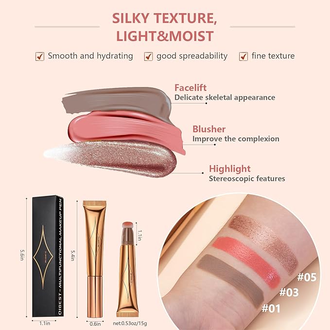 Liquid Contour Beauty Wand Set,Blush Liquid Contour Stick Highlighter Makeup With Cushion Applicator,Long Lasting Smooth Natural Matte Finish,Lightweight Blendable Super Silky Cream Sticks (01#03#05)-VivaGrace Women