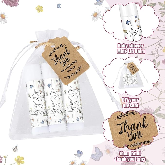 Demissle 50 Pcs Baby Shower Lip Balm Gift Set with 100 Pcs Organza Bags Baby Shower Party Favor for Guest Thank You Tag Rope Baby Shower Party Decoration Gender Reveal Souvenirs(Purple Flower)-VivaGrace Women