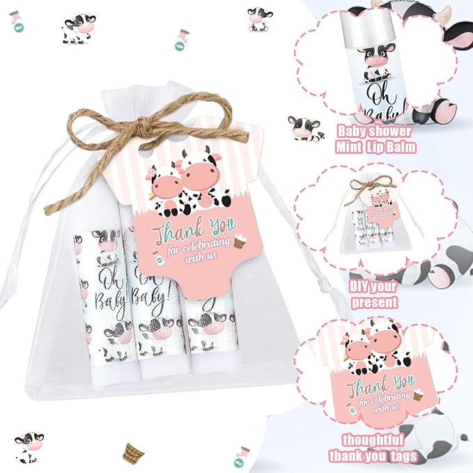 Demissle 50 Pcs Baby Shower Lip Balm Gift Set with 100 Pcs Organza Bags Baby Shower Party Favor for Guest Thank You Tag Rope Baby Shower Party Decoration Gender Reveal Souvenirs(Cow)-VivaGrace Women