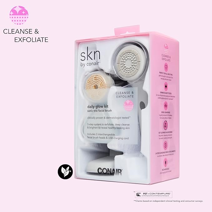 skn by conair Daily Glow Facial Cleansing Brush, All-in-One Facial Brush Includes 3 Interchangeable Attachments for Complete Cleansing, Exfoliation, and Rejuvenation-VivaGrace Women
