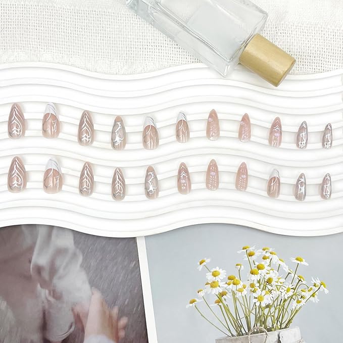 Press on Nails Medium Almond Fake Nails Glossy Glue on Nails Silver 3D Swirl Acrylic Nails Artificial False Nails with Luxury Designs for Women