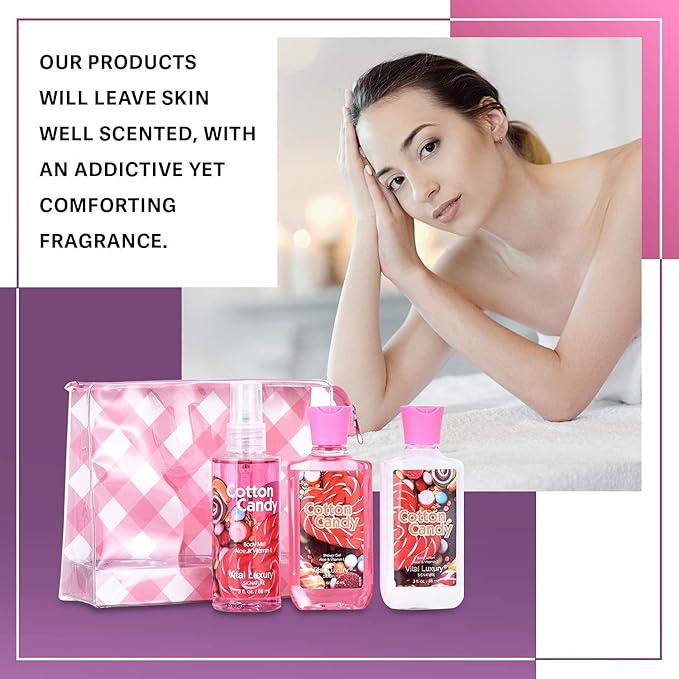 Bath & Body Care Travel Set - Home Spa Set with Body Lotion, Shower Gel and Fragrance Mist, Valentines Day Gifts for Her and Him(Cotton Candy)-VivaGrace Women