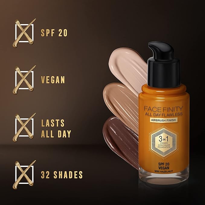 Max Factor Facefinity 3-in-1 All Day Flawless Foundation SPF 20, 95 Hazelnut, 30 ml-VivaGrace Women