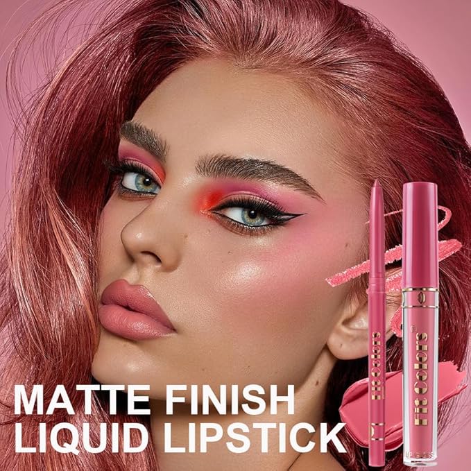 6 Colors Liquid Lipstick + Lip Liner Pen Makeup Set, Super Stay Matte Finish Lip Stain and Define Lip Liner Pencil Gift Set for Women, Longwear, Waterproof, 1PC Lip Glow Oil Include-VivaGrace Women