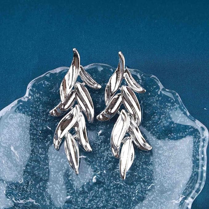 Statement Leaf Dangle Drop Earrings Vintage Silver Leaf Cluster Drop Earrings Punk Large Leaf Dangle Earrings Bridal Earring Wedding Prom Earring Jewelry for Women and Girls-VivaGrace Women
