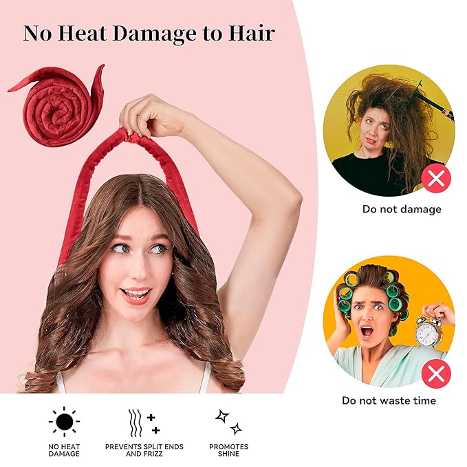 Heatless Curling Rod Headband, Upgraded 60" Extra Long Heatless Curls Headband Soft Hair Curlers to Sleep In Hair Rollers No Heat Curls (Red)