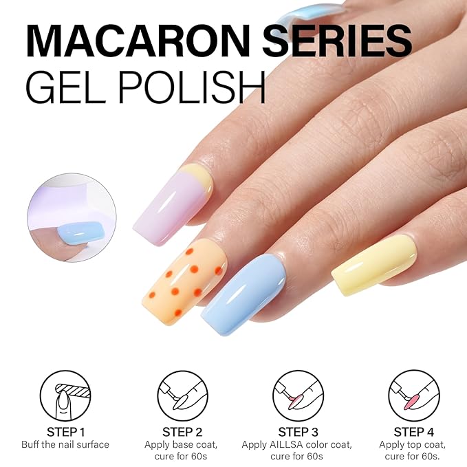 AILLSA Blue Gel Nail Polish Set Baby Blue Pastel Purple Yellow Macaron Gel Polish with Base and Top Coat, Long Lasting Summer Spring Color Soak Off U V L ED Manicure Art Salon DIY at Home 7Pcs 8ML