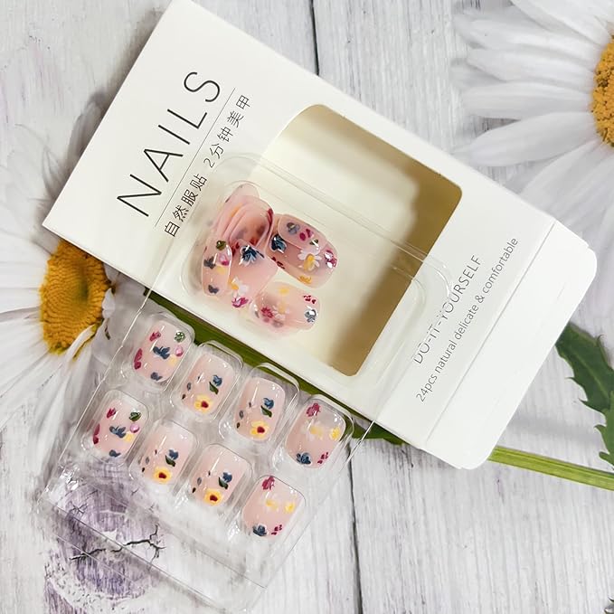 Extra Short Press on Nails Square Fake Nails Flower Designs - LPOODDNU 24 Pcs Spring False Nails Cute Small Acrylic Press on Nails Stick on Nails Reusable Artificial Nails for Women Manicure Supplies