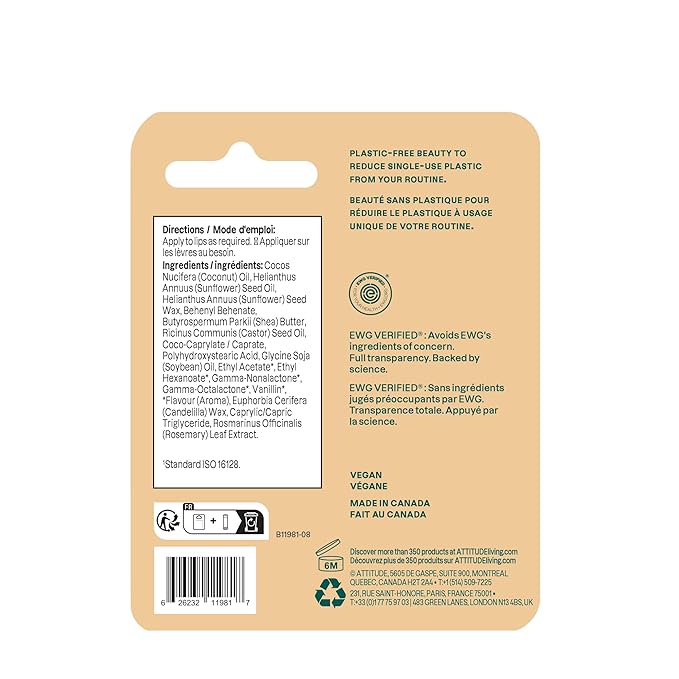 ATTITUDE Plastic-free Lip Balm, EWG Verified Plant- and Mineral-Based Ingredients, Vegan and Cruelty-free Personal Care Products, Coconut, 0.3 Oz-VivaGrace Women