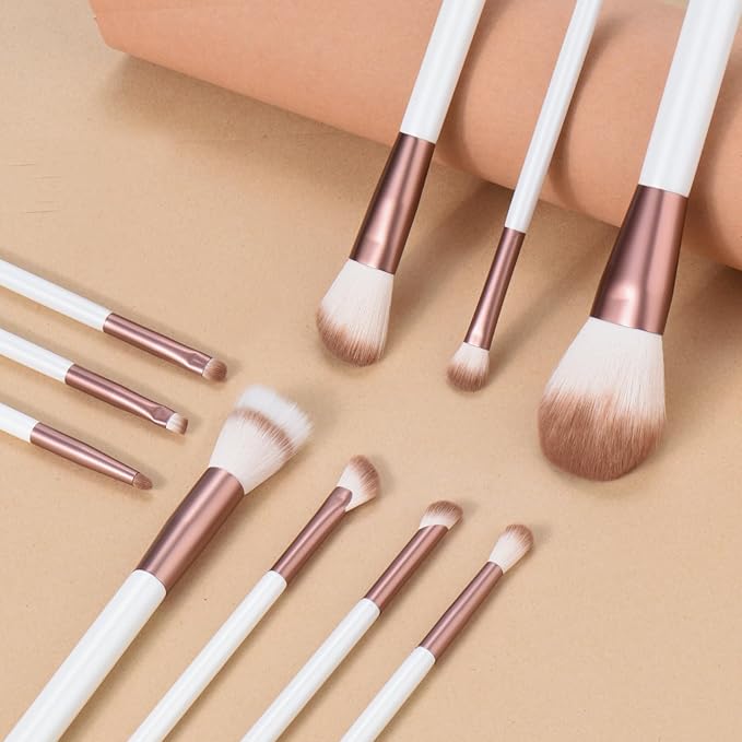 Makeup Brushes Set With Case 10Pcs White Makeup Brush Kit Foundation Eyeshadow Powder Blending Kabuki Eyebrow Eyelash Brushes Cosmetic Brush Travel Kit Gift (White+Brown)-VivaGrace Women