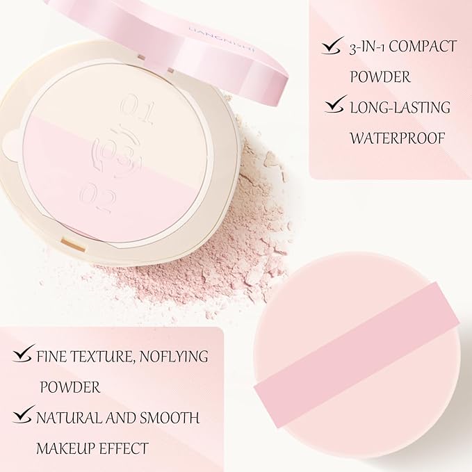 Pink Setting Powder, 3 in 1 Blush Palette with Puff, Highlighter Palette, Fine Texture Blush Pressed Powder, Setting Powder Makeup, Korea Makeup - Pink-VivaGrace Women
