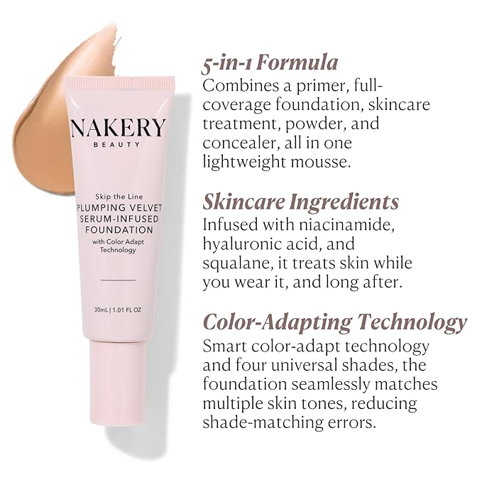 Nakery Full Coverage Foundation for Women - 5 in 1 Plumping Liquid Foundation Makeup - Serum Infused Makeup Foundation Smart Color Adapt with Niacinamide & Hyaluronic Acid for All Skin Types - Light-VivaGrace Women