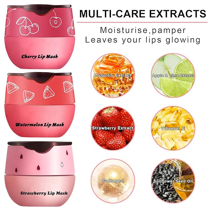 3Pcs Lip Balm Honey Pot with Stick, Honey Strawberry Apple Moisturizing and Hydrating Sleeping Lip Mask, Day and Night Repair and Care, Improve Lip Color, Reduce Lip Lines (SET C)-VivaGrace Women