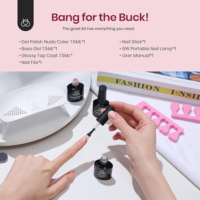 Beetles Nude Pink Gel Nail Polish Kit with UV LED Light Nail Lamp 6 Pcs Starter Kit Base Gel Top Coat Soak Off Nude Pink Polish Set with Nail File for DIY Manicure Gifts for Women