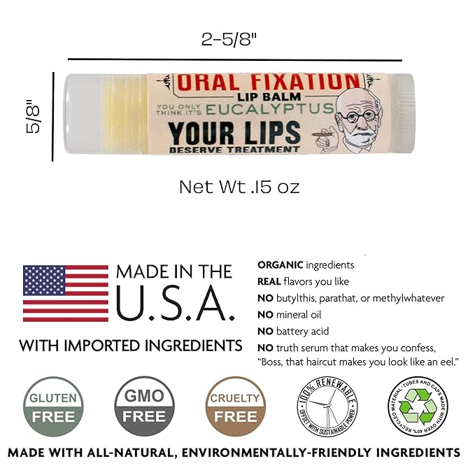 Sigmund Freud's Oral Fixation Lip Balm Tube, Eucalyptus Mint Flavored - Cruelty-Free and Made in The USA from Natural and Imported Ingredients-VivaGrace Women