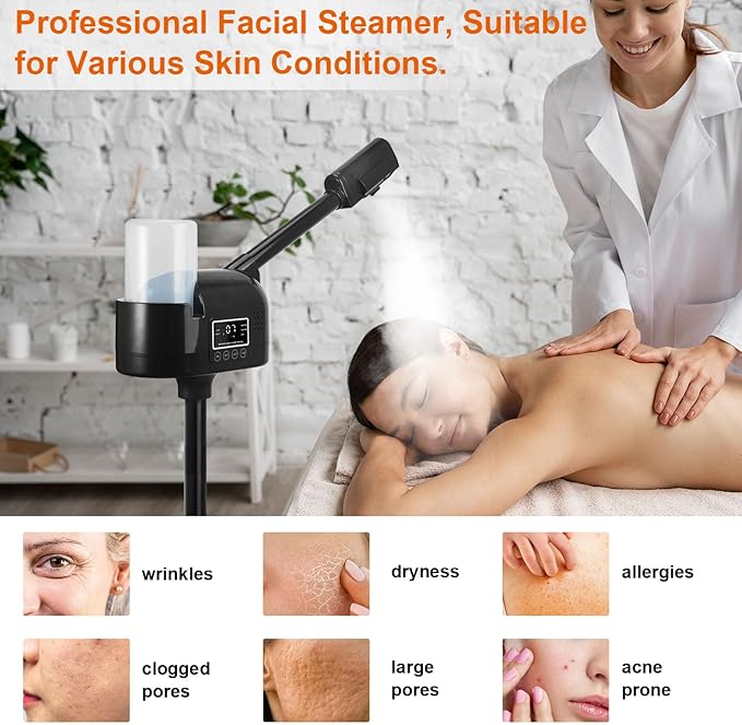 Professional Facial Steamer, Black Facial Steamer Upgrade PTC Heating, Esthetician Steamer Hot Mist Face Steamer for Salon Spa Beauty-VivaGrace Women