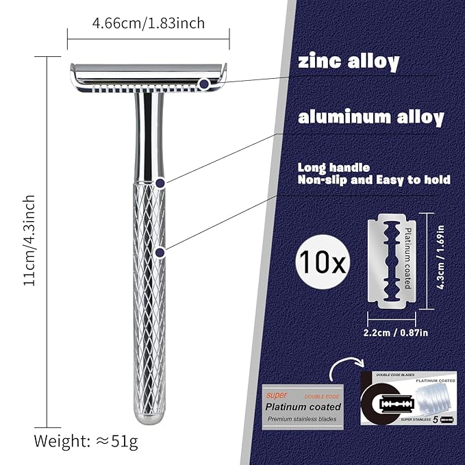 Shiny Silver Double Edge Safety Razor, Single Blade Razors for Men and Women, with 10 Stainless Steel Safety Razor Blades, Reusable, Smooth and Close Wet Shaving Kit, Plastic Free-VivaGrace Women