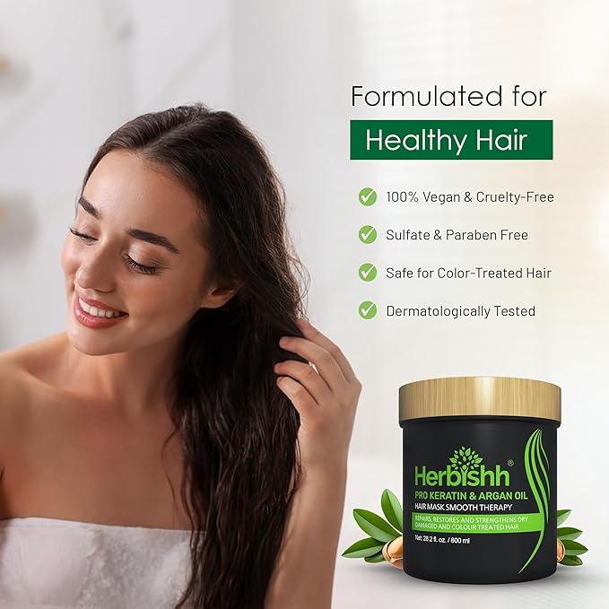 Herbishh Argan Hair Mask-Deep Conditioning & Hydration For Healthier Looking Hair- for very Dry, Weak, Stressed Out Hair, No Sulphates, No Parabens (800ML)-VivaGrace Women
