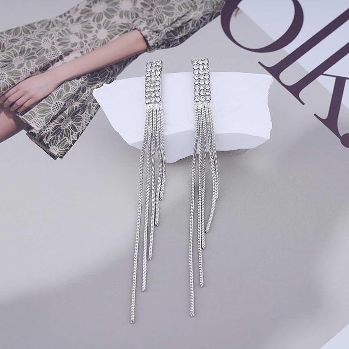 Vintage Rhinestone Dangle Earrings Gold Sleek Chain Drop Earrings Crystal Long Chain Tassel Earrings Sleek Metal Chain Earrings Jewelry for Women-VivaGrace Women