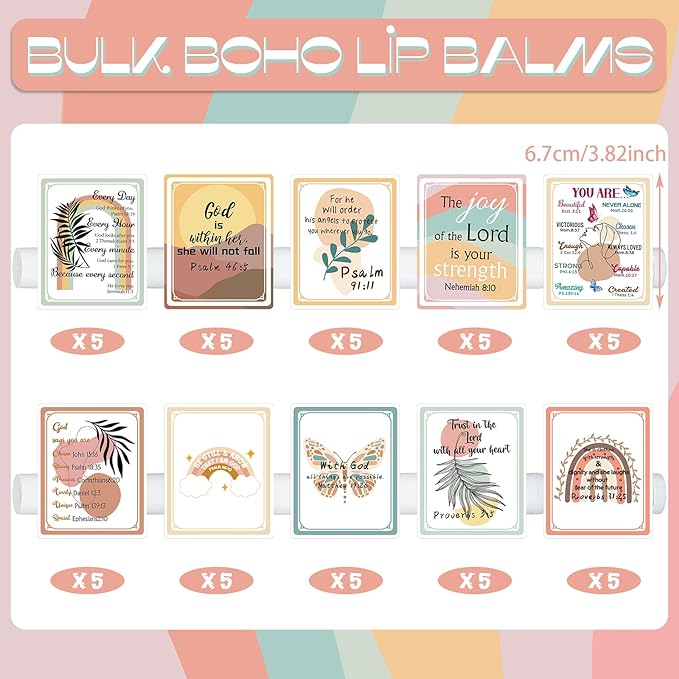 50 Pack Lip Balm Religious for Women Boho Christian Lip Balm with Scripture Bulk Lipsticks Gifts Faith Bible Verse Scripture Inspirational Gift Party Favors Coworkers 10 Styles-VivaGrace Women