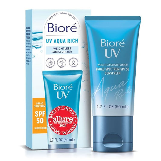 Bioré UV Aqua Rich Daily Hydrating Facial Moisturizer with SPF 50 | Oil Free Sunscreen & Primer for Makeup with Hyaluronic Acid, No White Cast, Non-Comedogenic, For Sensitive Skin, PA++++, 1.7 Oz-VivaGrace Women