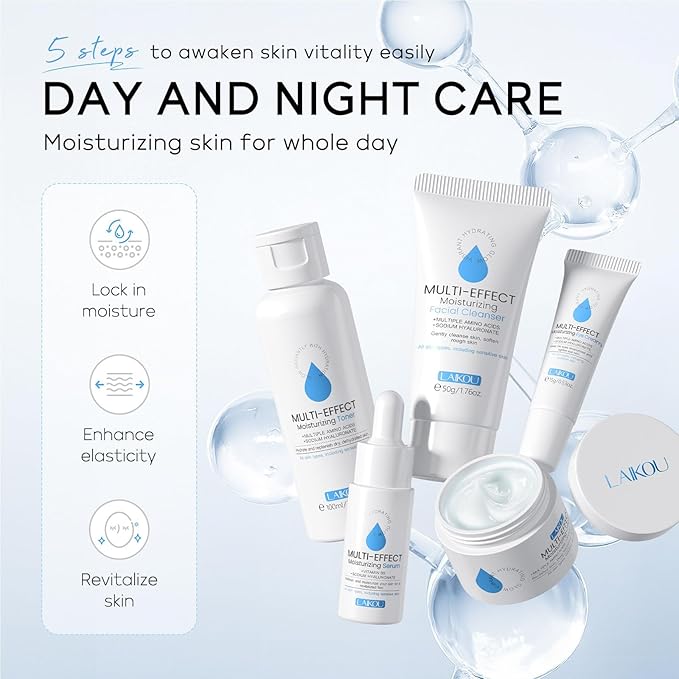 Generic Moisturizer Skin Care Set,5PCS Skincare Teen Girls Set,Long-Lasting Moisturizing Skincare SetWith Cleanser,Toner,Serum,Eye Cream,Cream,Strong moisturizing effect,For All Skin Types, Blue-VivaGrace Women