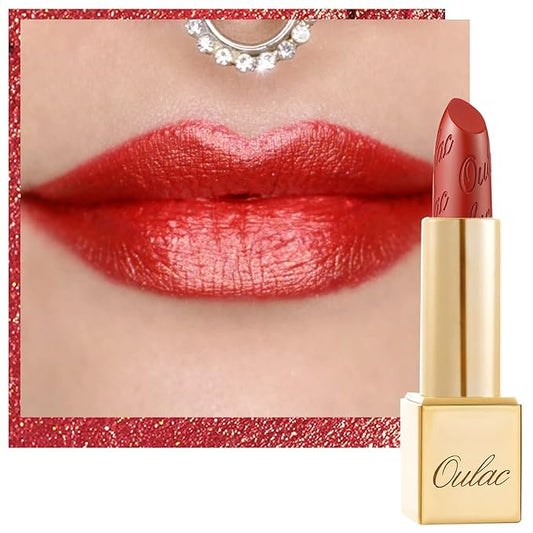 Oulac Orange Red Lipstick for Women with Metallic 3D Shine Lightweight Hydrating Formula, High Impact Lip Color, Vegan Beauty, Full Coverage Lip Makeup, Christmas Gifts for Women, Dangerous(02)-VivaGrace Women