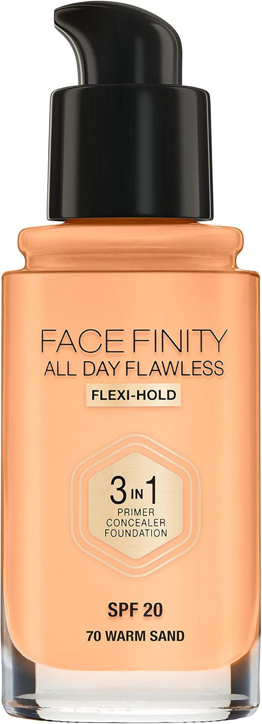 Max Factor Facefinity 3-in-1 All Day Flawless Liquid Foundation, SPF 20-70 Warm Sand, 30 ml-VivaGrace Women