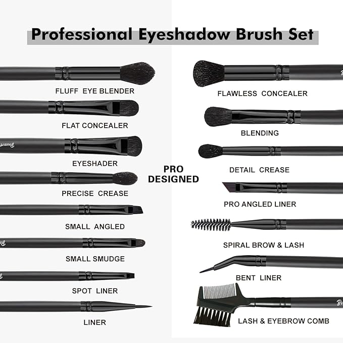 Bueart Design 15Pcs Professional Eyeshadow Brush Set For Eye makeup Blending,Brow grooming,Concealing,eyeshader, With premium ultra soft synthetic vegan Hair-VivaGrace Women