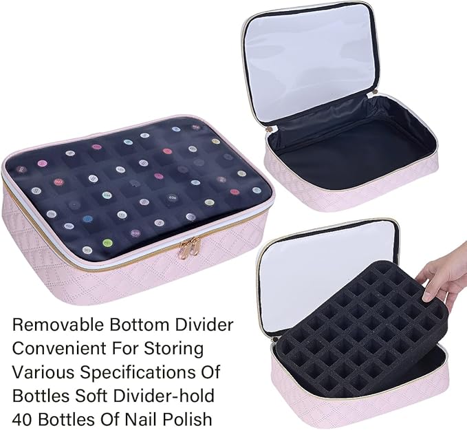 Nail Polish Bag organizer-Holds 40 bottles(15ml-0.5fl.oz),Nail Polish Carrying Case Clear Multifunctional Cosmetic Travel Cases Makeup Bags Pink