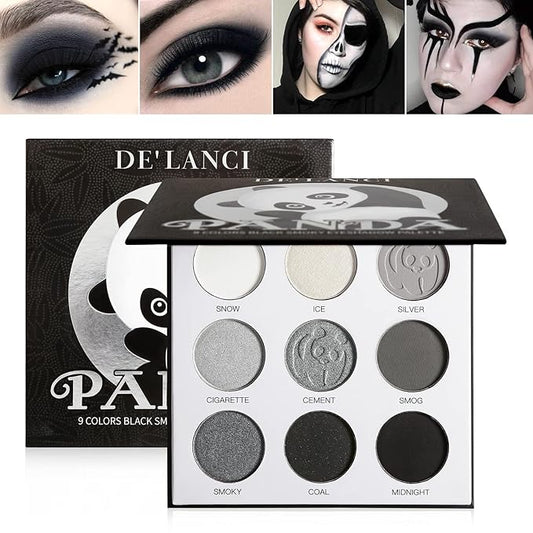 ecofavor Black Smoky Eye shadow Palette, DE’LANCI PANDA 9 Colors True Black Dark Grey Smokey Goth Makeup Pallet, 9 Soft Matte Shimmer High Pigmented Basic Black White Gray Shade for Halloween-VivaGrace Women