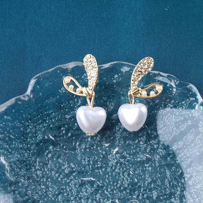 Vintage Crystal Pearl Heart Dangle Earrings Rhinestone Pearl Drop Earrings Gold Cz Pearl Stud Earrings Heart Love Earrings Jewelry for Women-VivaGrace Women