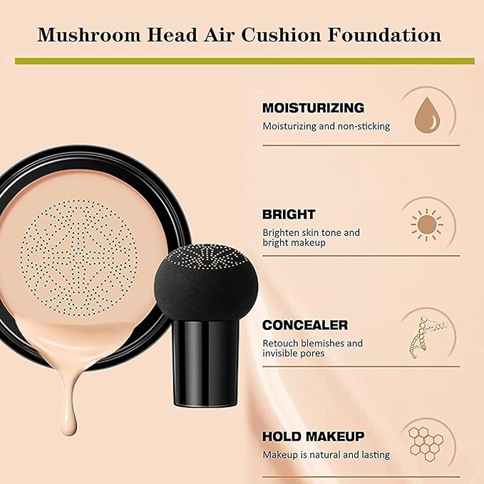 Beauty Glazed Mushroom Head Air Cushion CC Cream Foundation Cover Concealer Makeup Moisturizing Brightening Pigment Liquid Foundation, Even Skin Tone Makeup Base BB # 02 Naturel-VivaGrace Women