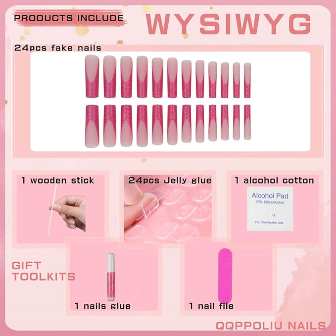 XL Press on Nails,Long Press on Nails with Design Square Press on False Nails French Tip Glue on Nails for Women 24pcs (Pink)