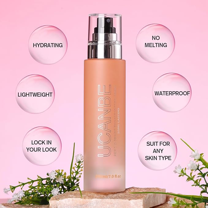 UCANBE Dewy Makeup Setting Spray, Moisturizing Finishing Spray Long Lasting Face Mist, Lightweight Hydrate Make Up Spray for Natural Glow, 7 Fl Oz Large Size-VivaGrace Women
