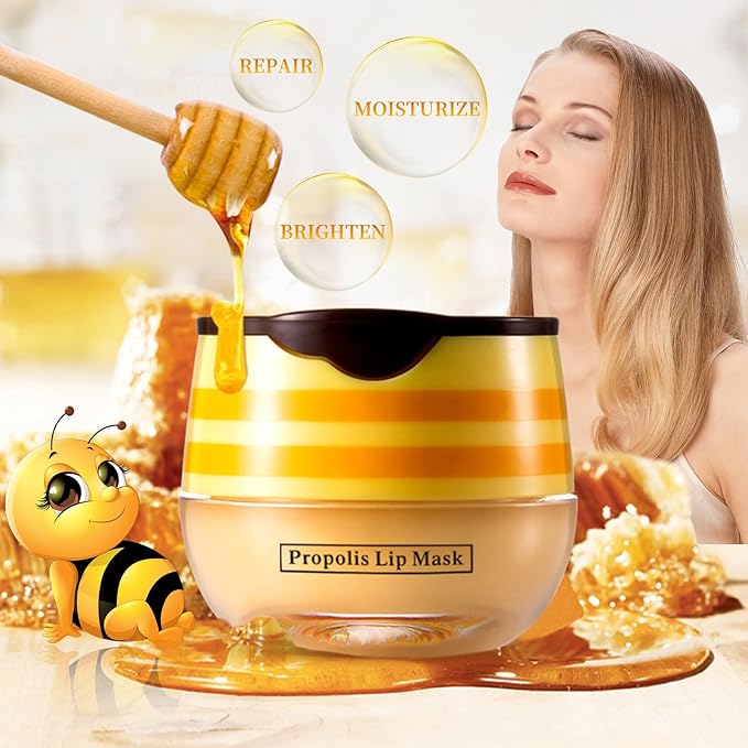 4 PCS Bee Honey Lip Balm Honey Pot, Strawberry & Bee Honey Lip Mask, Reduces Lip Lines, Hydrate & Moisturizing Lip Skin Care, Prevention Dry Cracked Lips, Bee Honey Lip Balm for Lip Repair Treatment-VivaGrace Women