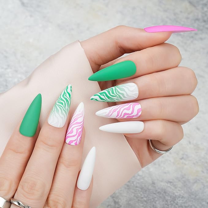 Extra Long Press on Nails XXL Pink and Green, Jofay Fashion Fake Nails with Designs, False Nails with Glue, Stick on Nails for Women Girls, Natural & Reusable, Acrylic Nail Tips, Alps, 24pcs