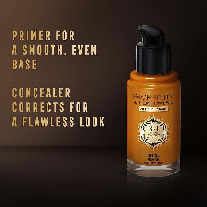 Max Factor Facefinity 3-in-1 All Day Flawless Foundation SPF 20, 95 Hazelnut, 30 ml-VivaGrace Women