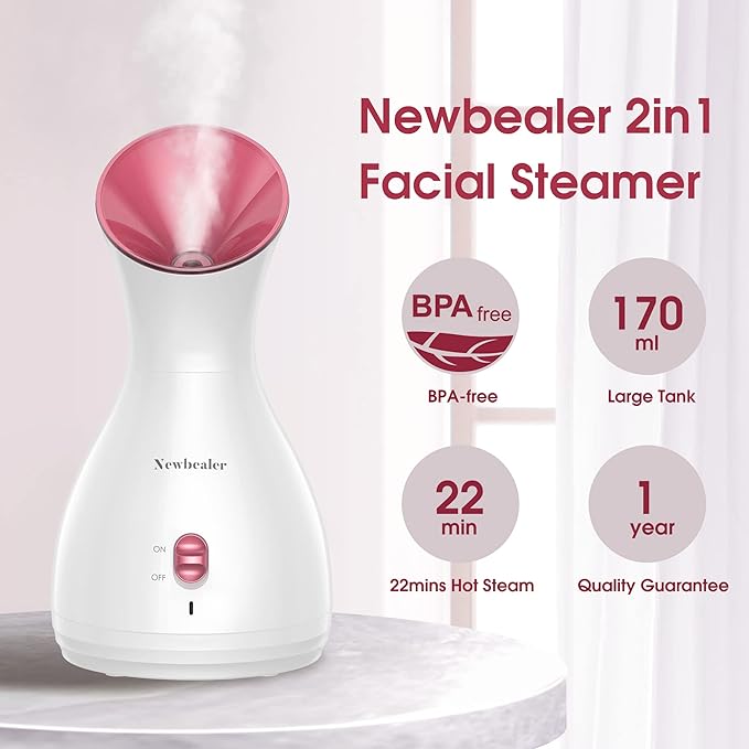 Newbealer 2in1 Facial Steamer, Hot Mist Facial Aromatherapy Humidifier Atomizer, Large Face Steamer Unclogs Pores Sinuses Moisturizing, Home Sauna Spa with Eyebrow Set (Red, 170ml)-VivaGrace Women