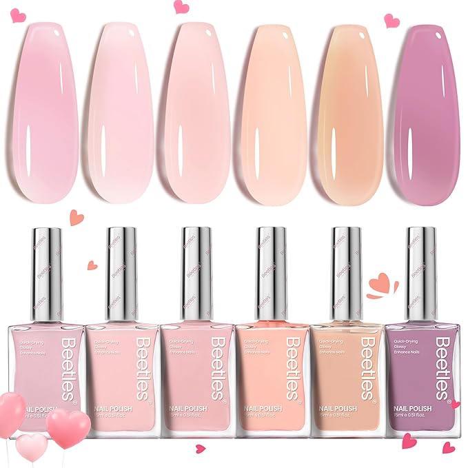 Beetles Jelly Nail Polish Set, 6 Colors Pink Nude Purple Velvet Glow Quick Dry Nail Polish Long Lasting Nail Strengthener Polish Gift for Girls Women