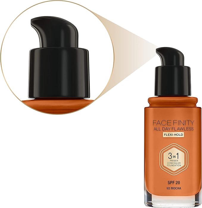 Max Factor Facefinity 3-in-1 All Day Flawless Liquid Foundation, SPF 20-93 Mocha, 30 ml-VivaGrace Women