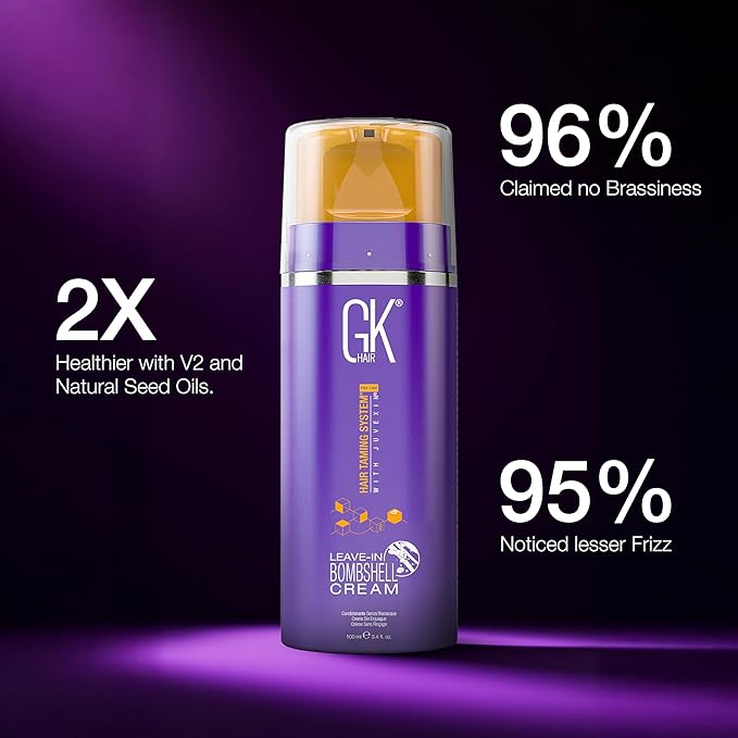 GK HAIR Global Keratin Leave In Bombshell Purple Cream (3.4 Fl Oz/100ml) Conditioning Smoothing Moisturizing Hydrating Frizz Control for Blonde Damaged Hair Removes Yellow Brassy Tones Flyaways-VivaGrace Women