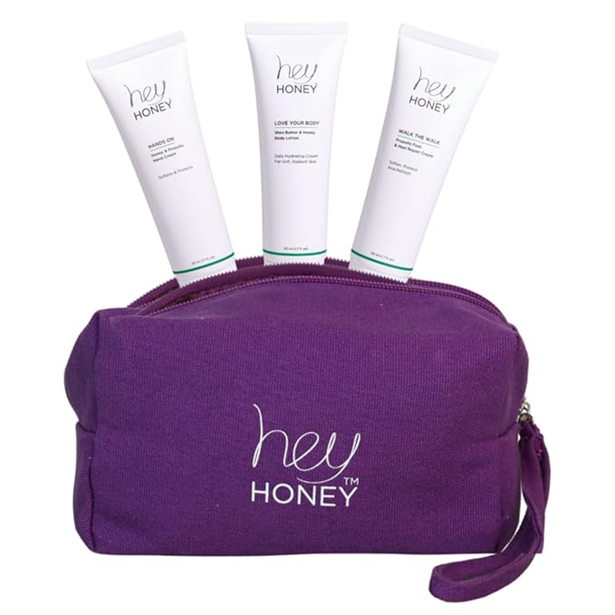Hey Honey 4pc Set: Love Your Body Lotion, Walk The Walk Foot Cream, Hands On Honey Hand Cream, Eco Makeup Bag. Perfect for Valentine's, Xmas, Birthdays-VivaGrace Women