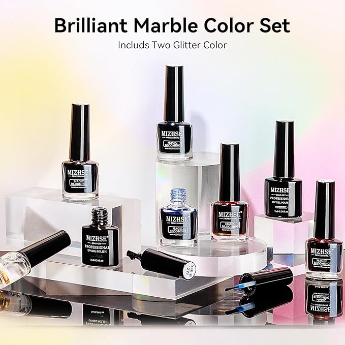 MIZHSE Glitter Marble Nail Polish Set, 8 Colors Marble Ink for Nails Blooming Gel Nail Polish Watercolor Ink Polish for Nails Design Home DIY