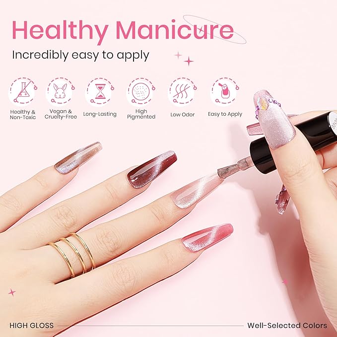 Crystal Cat Eye Gel Nail Polish 12 Colors Cateye Magnetic Nail Polish Gel Silver Nude Pink Cats Eye Gel Polish with Magnetic Stick Christmas Nail Art Manicure Salon DIY Home Gift for Women