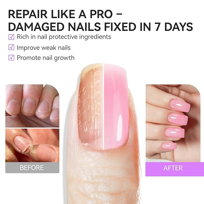 gelike ec Nail Ridge Filler and Strengthener Polish: Pink 6 in 1 Natural Nail Hardener Extra Strong and Growth - Long Lasting Nail Repair for Damaged Nails - For Daily Work Home Salon