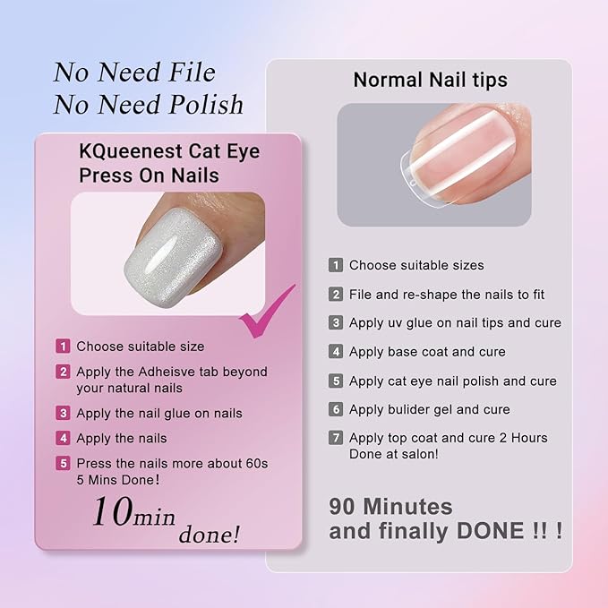 KQueenest Cat Eye Ombre Pink Press on Nails Short Coffin, 30 Pcs Glitter French Fake Nails Press ons, Acrylic Glue on Nails Shiny Sparkle False Nails Reusable Stick on Nails for Women Daily Wear