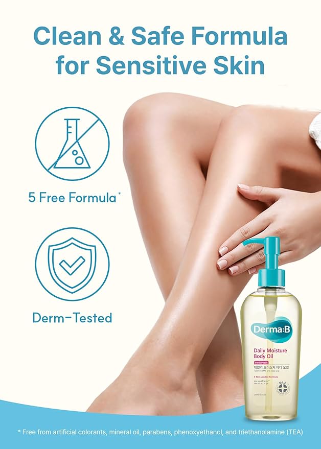 Derma B | Daily Moisture Body Oil | 99% Natural Argan & Sweet Almond Oil | Shower Oil for Dry Sensitive Skin | Light & Long-Lasting Hydration | Skin Body Care Oil with Peach Scent | 6.78 fl oz (200ml)-VivaGrace Women