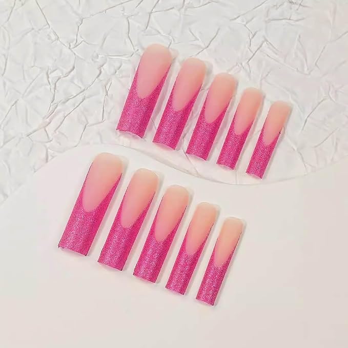 XL Press on Nails,Long Press on Nails with Design Square Press on False Nails French Tip Glue on Nails for Women 24pcs (Pink)